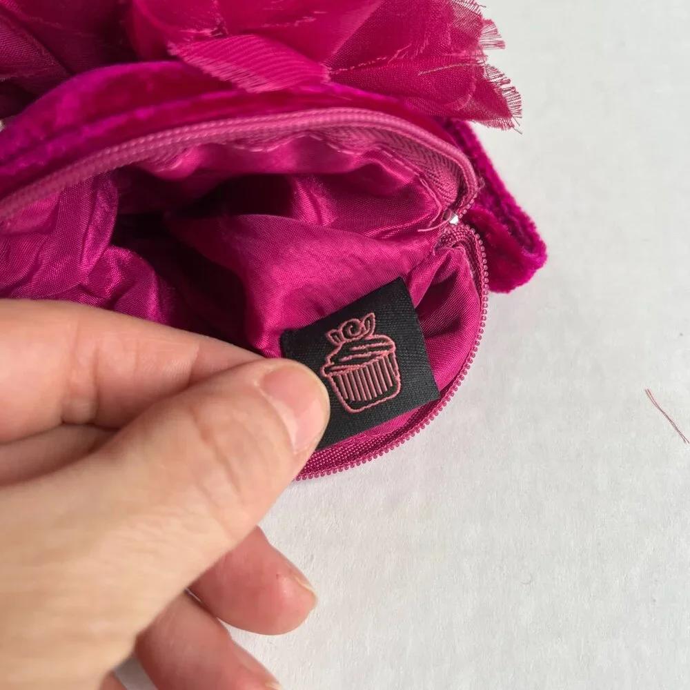 Cupcake Small Bag Wrist Clutch Wallet Velvet Flower Zip‎ Closure Hot Pink